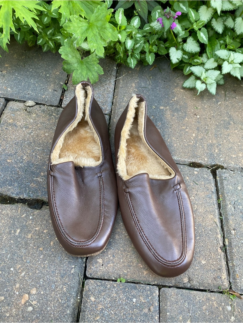 Men’s Brown Leather Moccasin Slippers, Faux Fur Lined, Size 9 Summer Sale